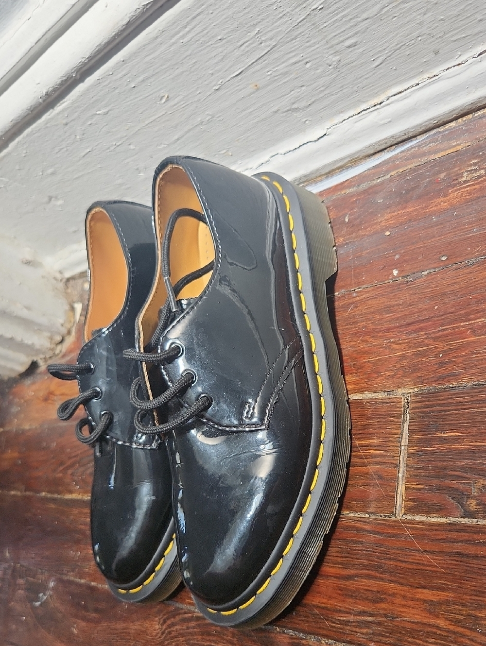 Dr. Martens Black Patent Leather Platform Lace-Up Shoes with Yellow Stitching